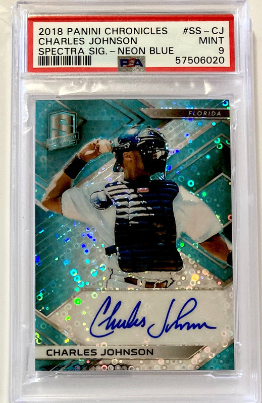 2018 Panini Chronicles Spectra Charles Johnson NEON BLUE /25 AUTO PSA 9 MINT