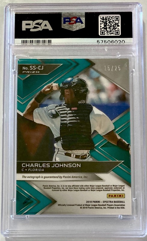 2018 Panini Chronicles Spectra Charles Johnson NEON BLUE /25 AUTO PSA 9 MINT view 2