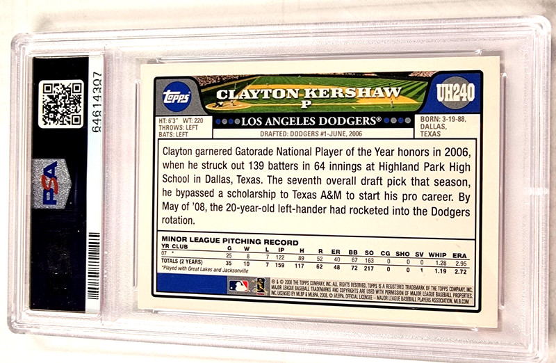2008 TOPPS UPDATE & HIGHLIGHTS #UH240 CLAYTON KERSHAW - RC - Multi- PSA 9's MINT view 2