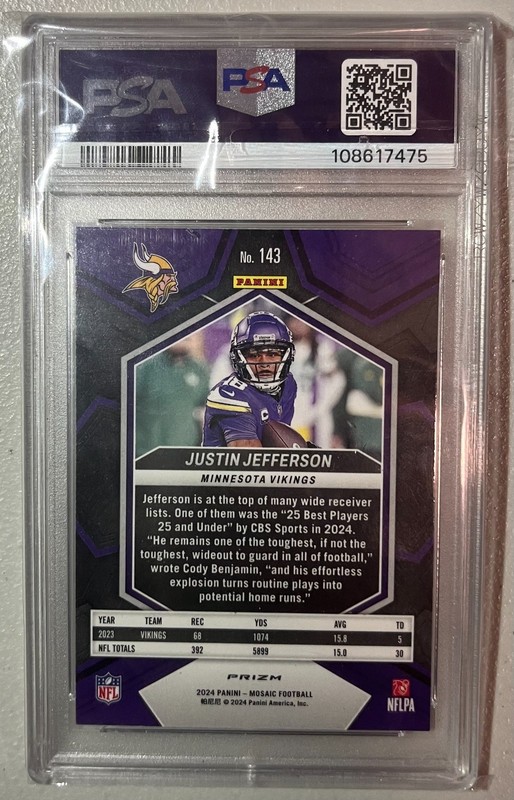 2024 Panini Mosaic Justin Jefferson Genesis PSA 10 Gem Mint 10 JJ Vikings #143 view 2