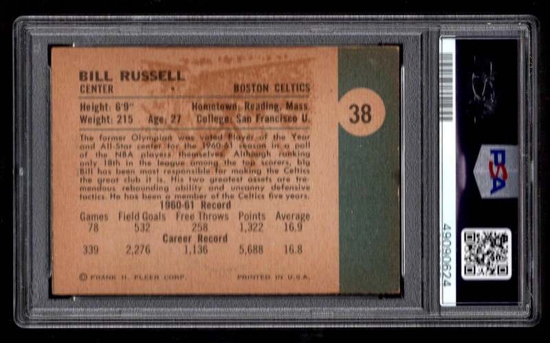BILL RUSSELL 1961 FLEER #38 BASKETBALL CARD PSA 6 EX-MT HOF BOSTON CELTICS view 2