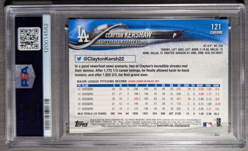 2018 Topps Chrome - Clayton Kershaw #121 Image Variation Refractor SP PSA 10 view 2