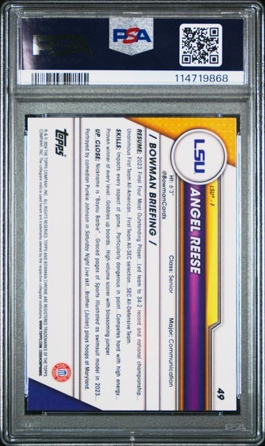 2023-24 BOWMAN U CHROME 49 ANGEL REESE RC Rookie LSU / SKY NCAA WNBA PSA 10 view 2