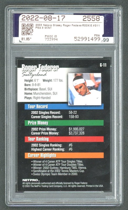 2003 Netpro Glossy ROGER FEDERER ROOKIE #G11 PSA 9 MINT - LOW POP - RARE! RC view 2