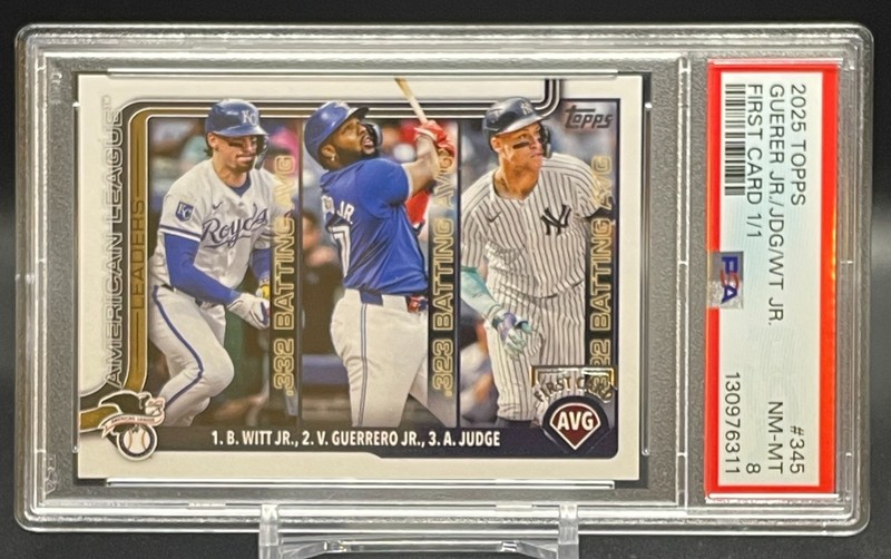 2025 Topps 1/1 #345 Aaron Judge Bobby Witt Vladimir Guerrero First Card PSA 8