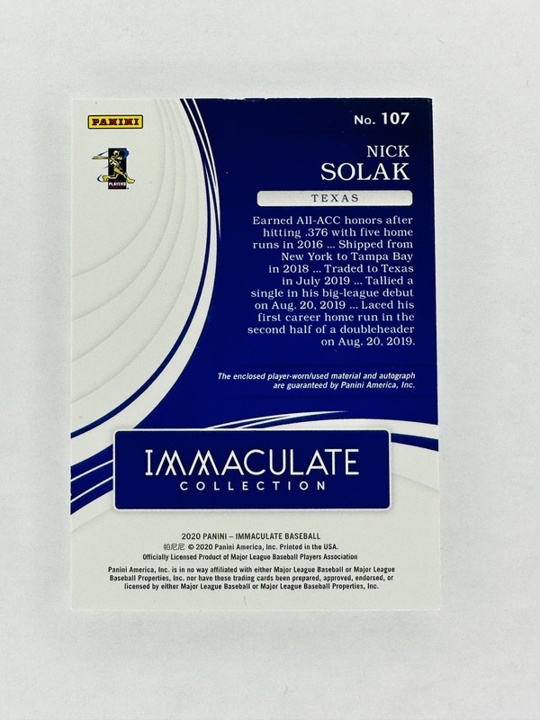 2020 Immaculate Collection NICK SOLAK #107 RC RPA /49 Rookie Patch Auto Red view 2