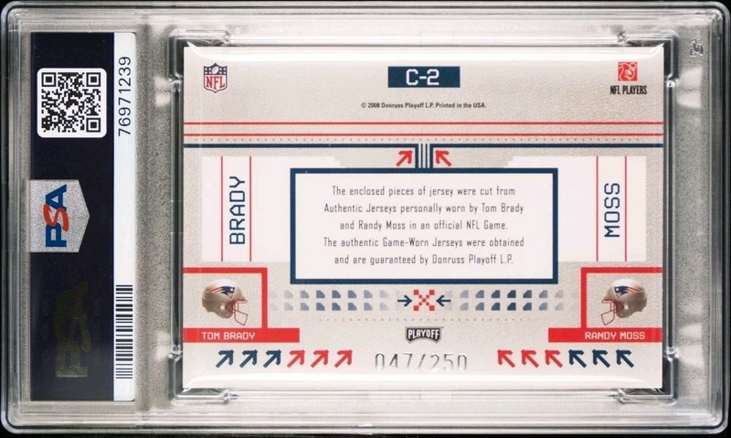 2008 Playoff Prestige TOM BRADY RANDY MOSS Game Worn Dual Patch PSA 10 Gem Mint  view 2