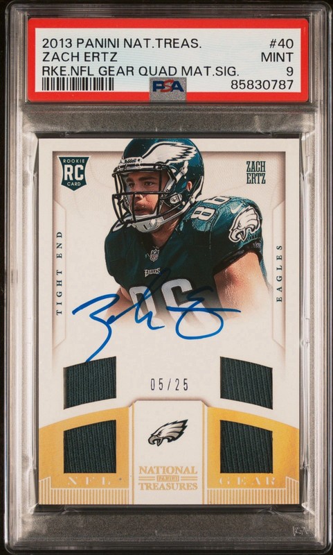 2013 ZACH ERTZ RC National Treasures NFL GEAR AUTO QUAD PATCHES 05/25 PSA MINT 9