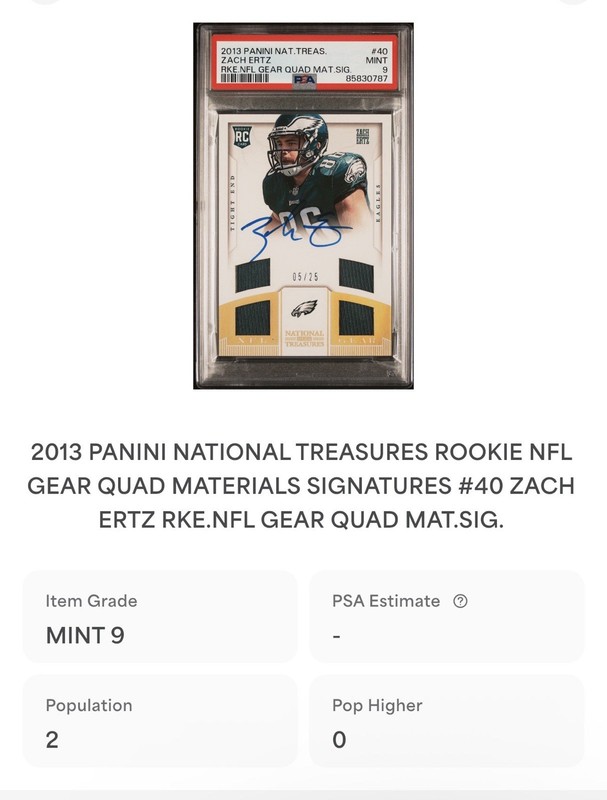 2013 ZACH ERTZ RC National Treasures NFL GEAR AUTO QUAD PATCHES 05/25 PSA MINT 9 view 2