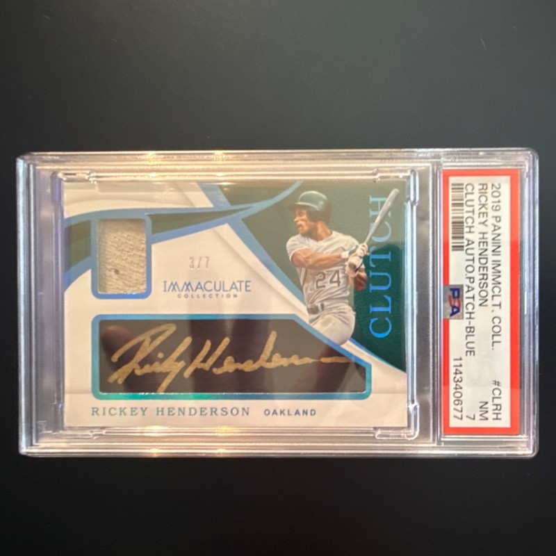 Panini Immaculate Clutch Patch Auto Rickey Henderson /7 Athletics PSA game worn 