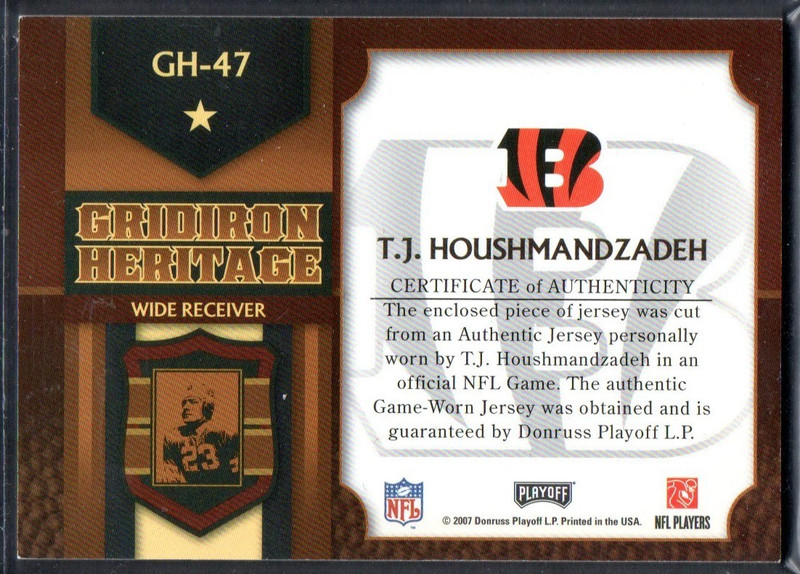 2007 T.J. HOUSHMANDZADEH PLAYOFF PRESTIGE AUTHENTIC GAME-USED JERSEY CARD GH-47 view 2