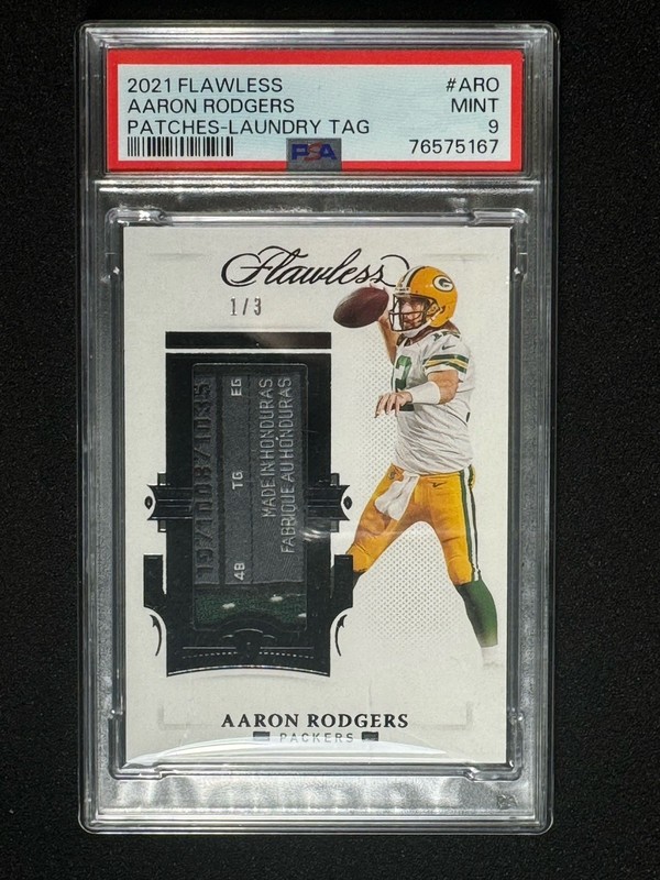 AARON RODGERS 2021 FLAWLESS #/3 Worn PATCH BLACK Prizm Laundry TAG Logoman PSA 9