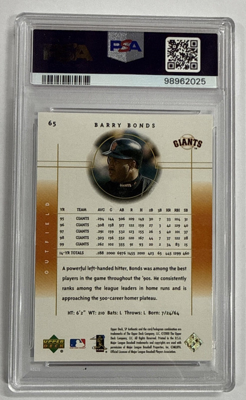 2000 SP Authentic PSA gem mint 10 Pop 24 Barry Bonds #65 SF Giants  view 2