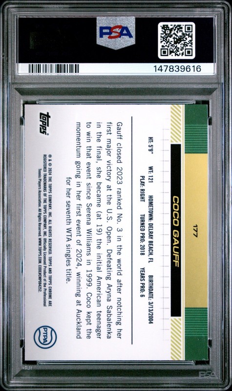 2024 Topps Chrome Tennis Coco Gauff #177 Purple Green Refractor /150 PSA 10 GEM view 2