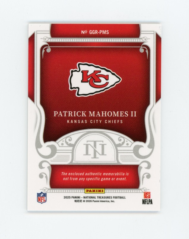 PATRICK MAHOMES 2025 Panini National Treasures Jersey Patch #84/99 Game Gear view 2