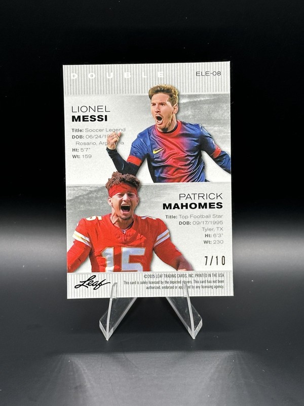 Patrick Mahomes & Lionel Messi 2025 Leaf Metal Dual Silver /10 RC view 2