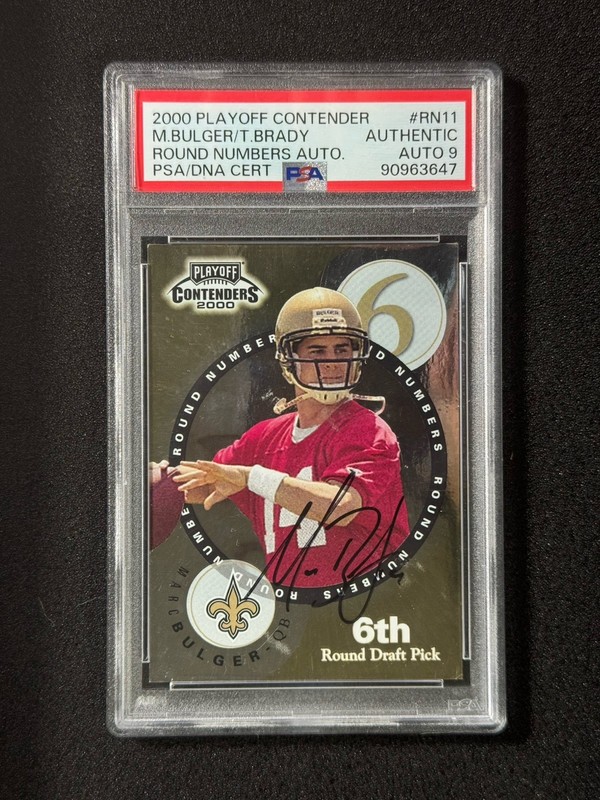 2000 PLAYOFF CONTENDERS ROUND NUMBERS AUTOS MARC BULGER TOM BRADY PSA AUTO 9 RC view 2