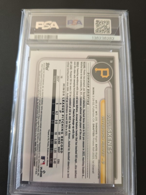 2024 Paul Skenes Bowman Chrome Fuchsia Rookie  Refractor/299 PSA  9 🔥🔥🔥🔥🔥 view 2