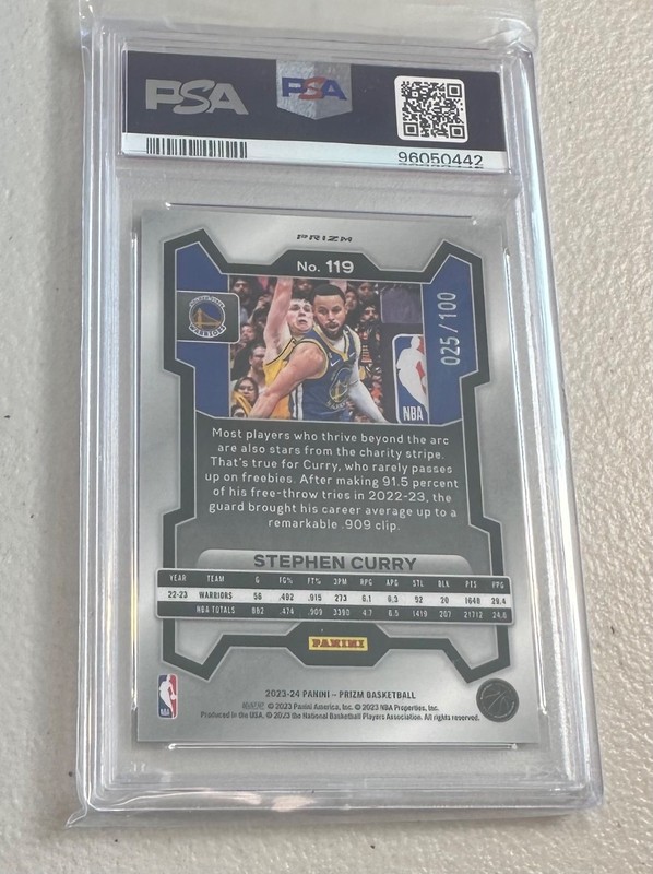 2023-24 Prizm Stephen Curry #119 Red FB Prizm #d/100, PSA 10. HOT Logoman POP 20 view 2