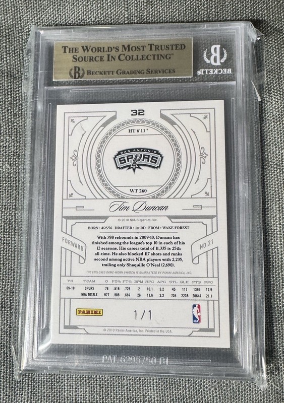 2009-10 National Treasures Tim Duncan Century Laundry Tag Logoman #1/1! BGS 9.5! view 2