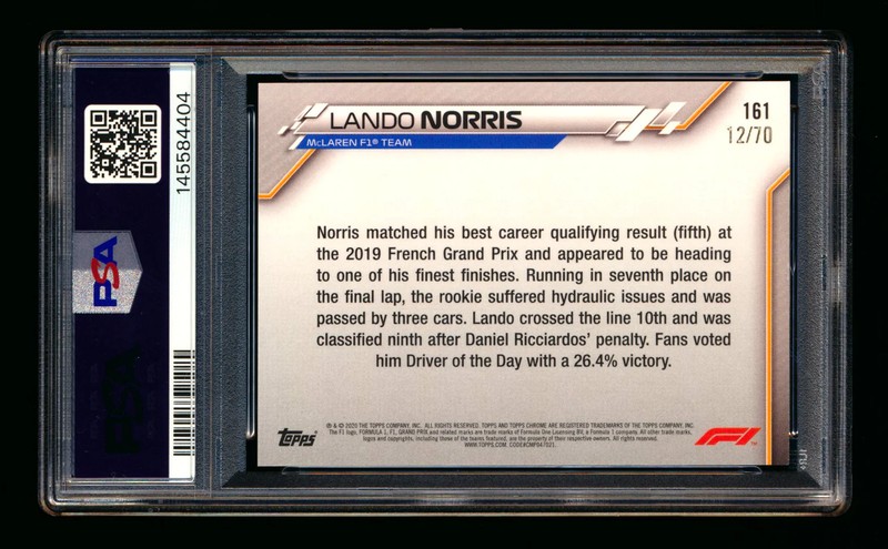 2020 Topps Chrome Sapphire F1 #161 Lando Norris RC 70th Refractor #12/70 PSA 8 view 2