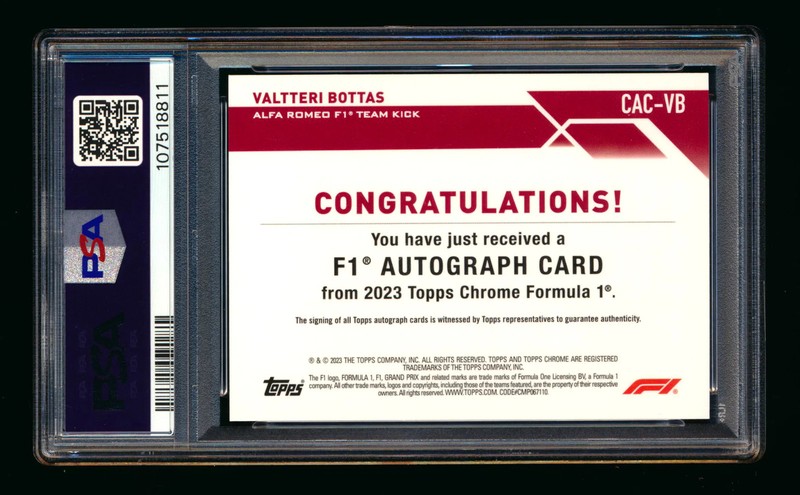 2023 Topps Chrome F1 Valtteri Bottas Gold Wave Refractor Autograph #08/50 PSA 9 view 2