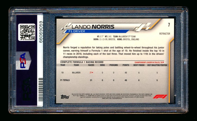 2020 Topps Chrome F1 #7 Lando Norris RC Refractor Portrait PSA 10 view 2