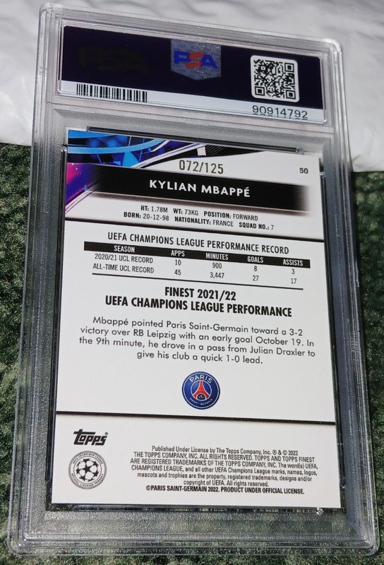 2021-22 Finest UCL PINK PRISM REFRACTOR #50 KYLIAN MBAPPE #d /125 PSA 9 MINT view 2
