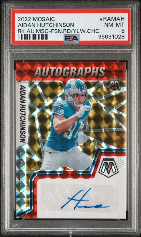 2022 Panini Mosaic Rookie Autograph RAM-AH Aidan Hutchinson Rd/Ylw PSA 8