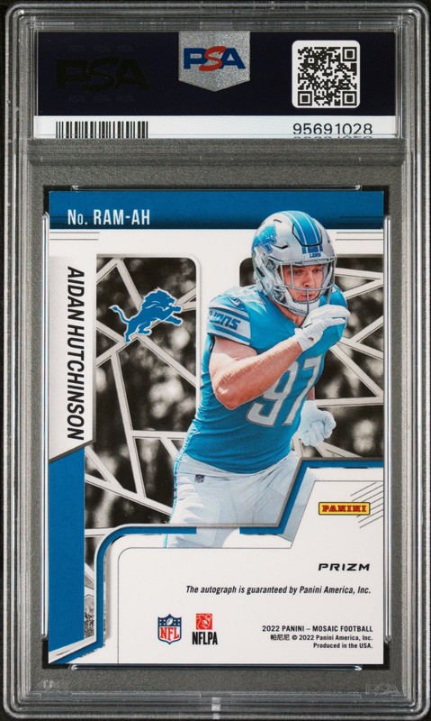 2022 Panini Mosaic Rookie Autograph RAM-AH Aidan Hutchinson Rd/Ylw PSA 8 view 2