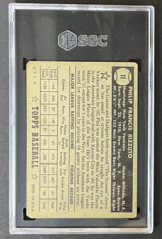 1952 Topps # 11 Phil Rizzuto  / Black Back   SGC  1 view 2