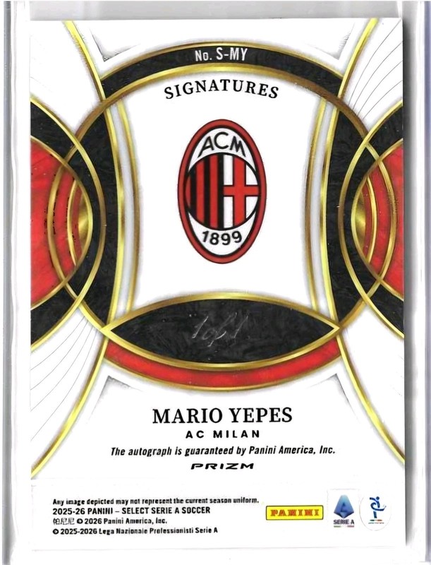2025-26 PANINI SELECT SERIE A SOCCER PRIZM BLACK AUTO MARIO YEPES 1/1 AC MILAN view 2
