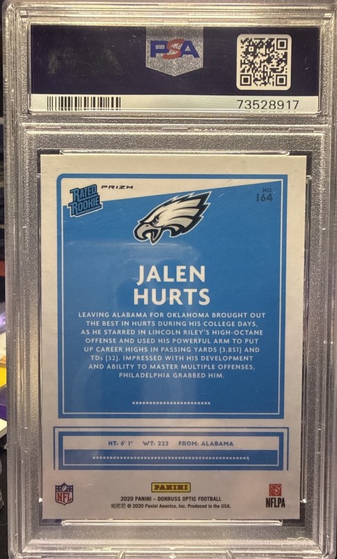 2020 PANINI DONRUSS OPTIC JALEN HURTS #164 HOLO PRIZM RATED ROOKIE PSA 10 EAGLES view 2