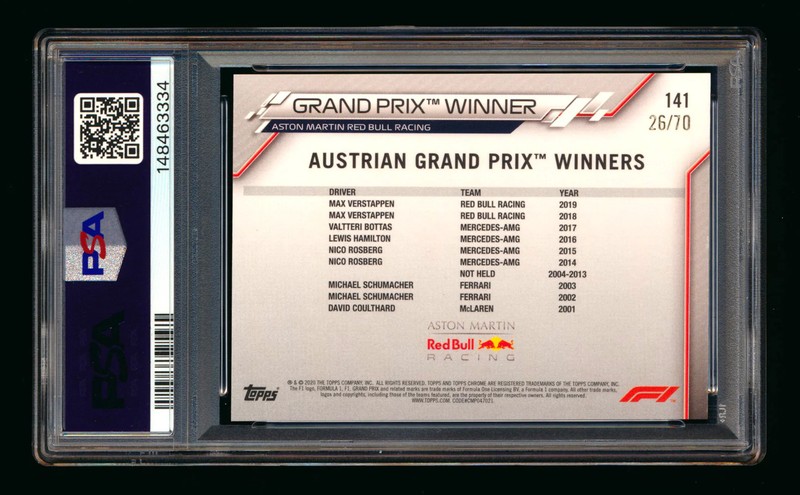 2020 Topps Chrome Sapphire F1 #141 Max Verstappen RC 70th Refractor #26/70 PSA 8 view 2
