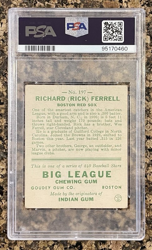 1933 Goudey #197 Rick Ferrell, Boston Red Sox, HOF, PSA 3.5 view 2
