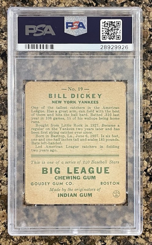 1933 Goudey #19 Bill Dickey, New York Yankees, HOF, PSA 2 view 2