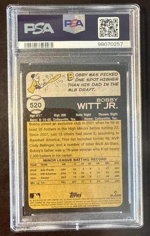 BOBBY WITT JR. 2022 TOPPS HERITAGE ROOKIE BASEBALL CARD #520 PSA 9 MINT view 2