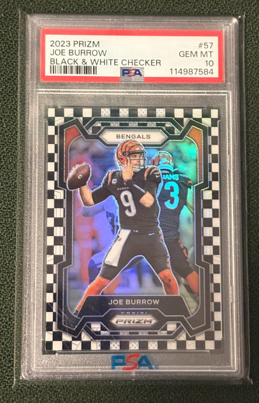 JOE BURROW 2023 PRIZM FOOTBALL #57 BLACK & WHITE CHECKER SSP PSA 10 BENGALS