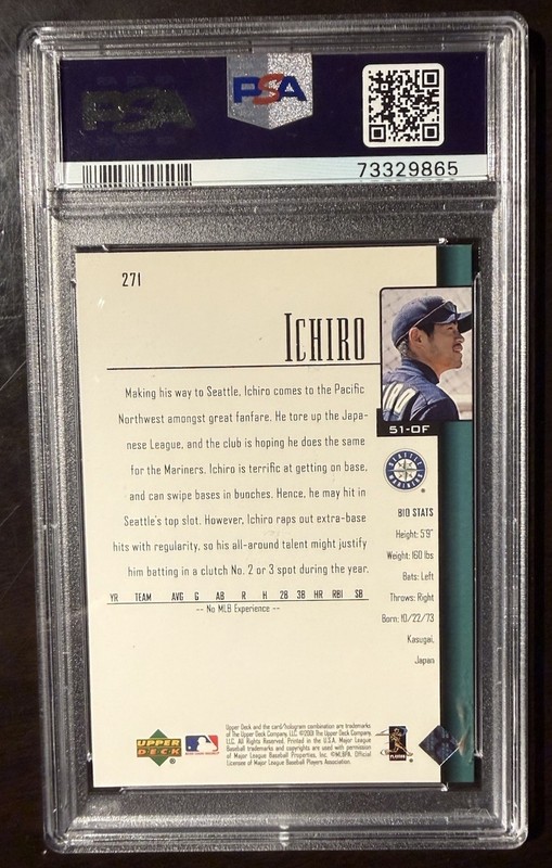 2001 Upper Deck #271 Ichiro Suzuki RC Rookie PSA 10 GEM MINT Seattle Mariners view 2