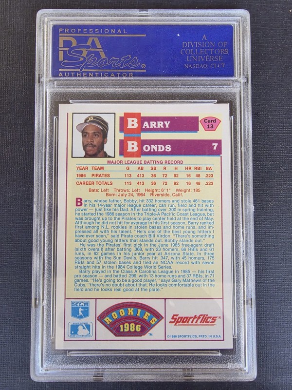 1986 Sportflics Rookies #13 Barry Bonds ROOKIE - PSA 9 MINT - Early PSA Slab view 2