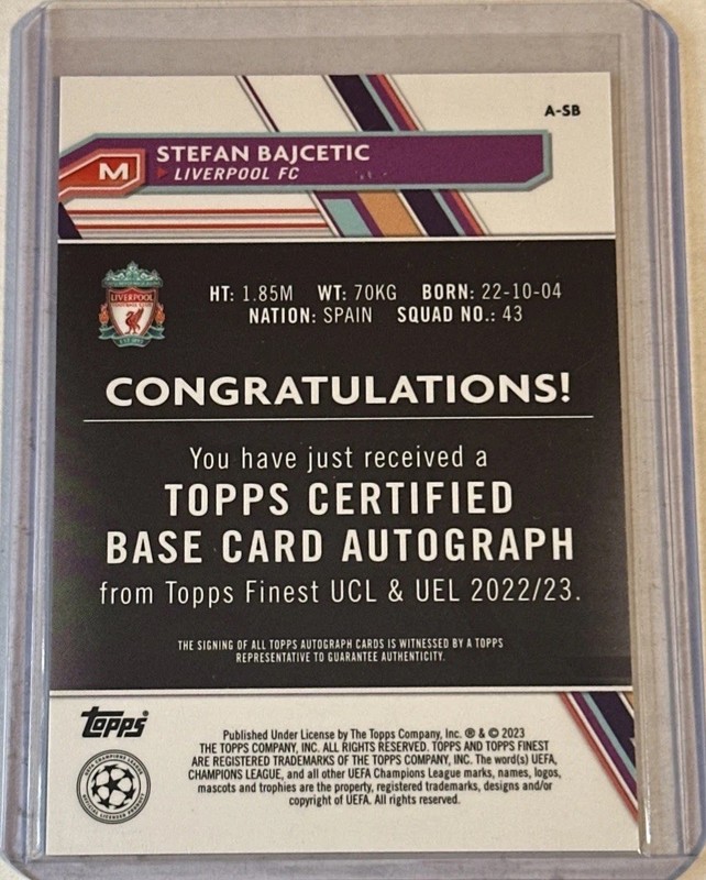 Stefan Bajcetic 2022-23 Topps Finest UEFA Club Competitions Auto #A-SB view 2