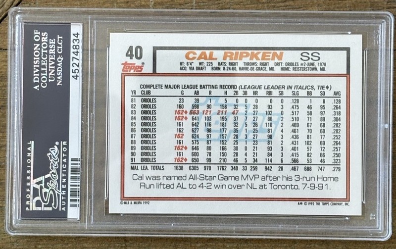 1992 TOPPS#40 CAL RIPKEN JR. PSA 10- GEM MINT view 2