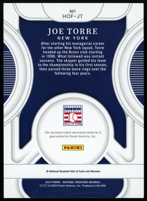 Joe Torre 2023 National Treasures Hall of Fame Materials Platinum 1/1 Patch 🔥 view 2