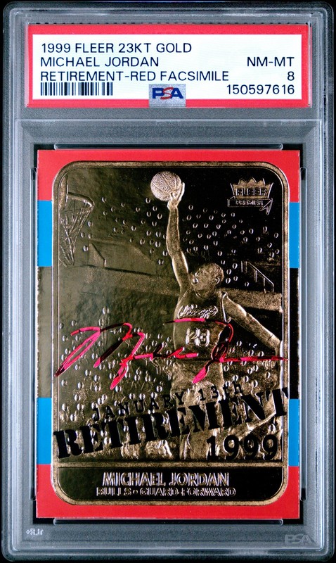 Michael Jordan 1999 Fleer 23kt Gold 1986 Rookie Retirement Red Auto /9923 PSA 8