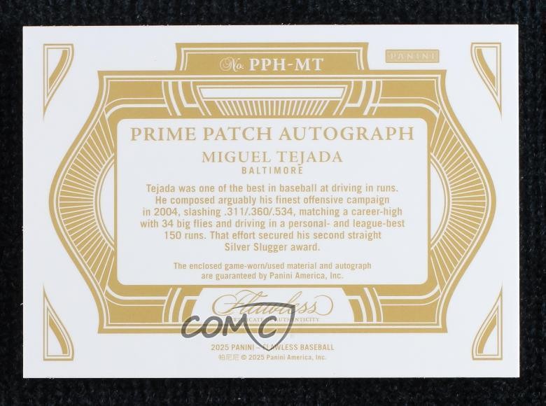 2025 Panini Flawless Prime Horizontal Ruby 15/20 Miguel Tejada Patch Auto sc2 view 2