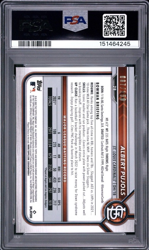 2022 Bowman Chrome Albert Pujols Blue Refractor #28 PSA 9 Mint Cardinals 087/150 view 2