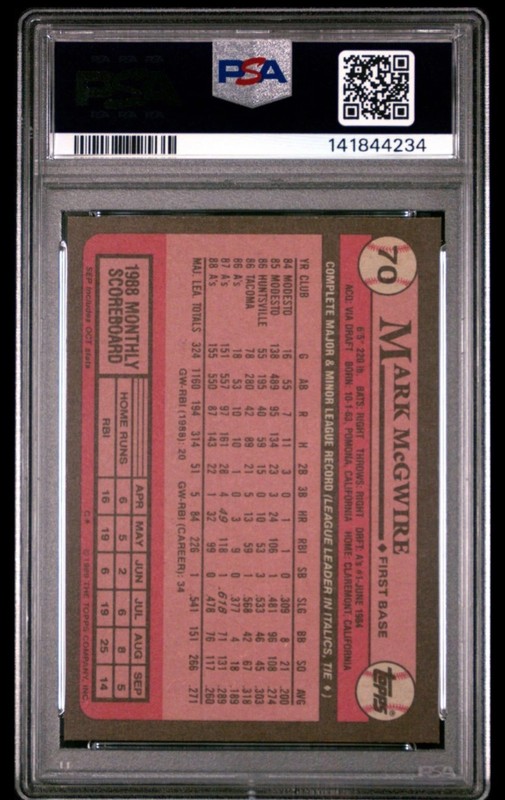 1989 TOPPS #70 MARK MCGWIRE OAKLAND ATHLETICS PSA 10 GEM MINT view 2