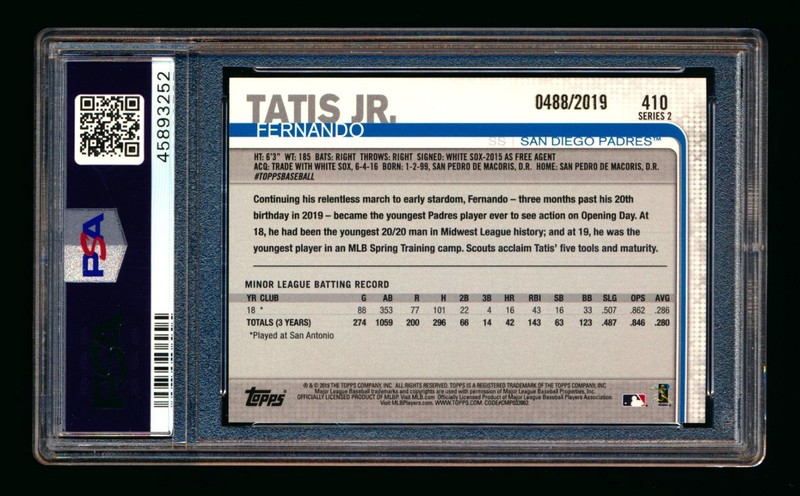 2019 TOPPS SERIES 2 #410 FERNANDO TATIS JR RC GOLD ROOKIE #488/2019 PSA 9 MINT! view 2