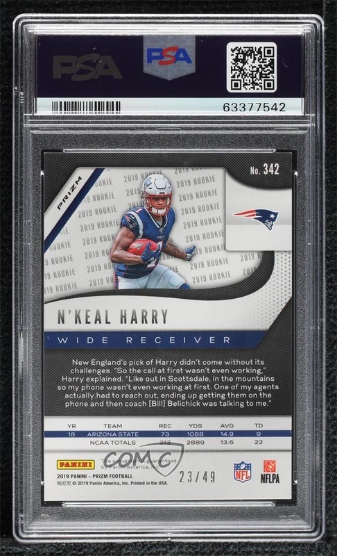 2019 Panini Prizm Rookies Purple Power 23/49 N'Keal Harry PSA 9 MINT Auto 02sw view 2
