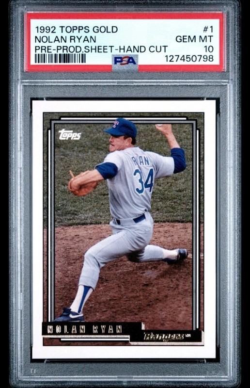 1992 TOPPS GOLD PRE-PRODUCTION SHEET HAND CUT #1 NOLAN RYAN PSA 10 GEM MINT
